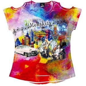 NWOT Mid-South Products Memphis 3-D Printed Graphic Cold Shoulder Tee Women’s M